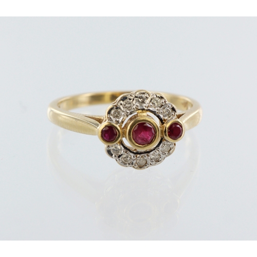 77 - 14ct yellow gold cluster ring, three modified brilliant cut rubies and ten round brilliant cut diamo... 