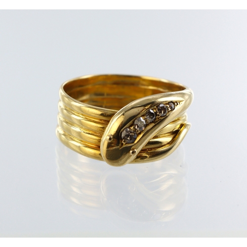 83 - 18ct yellow gold coiled snake ring with diamond set head, five round old cuts, total diamond weight ... 