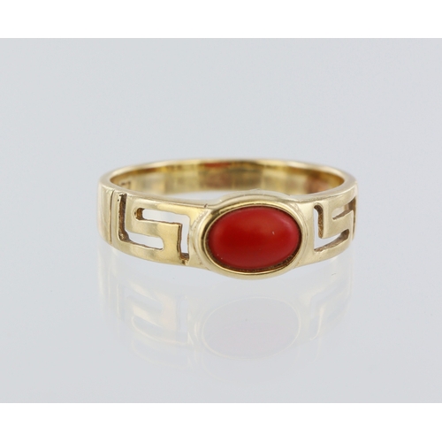 9 - Stamped 14ct yellow gold coral ring, finger size P, weight 2.8g