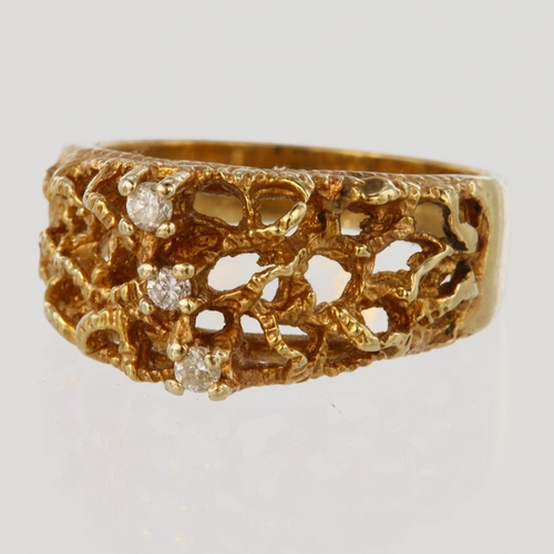 90 - 14ct yellow gold band ring with textured wirework open shoulders set with three round brilliant diam... 