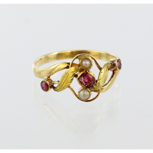 97 - Yellow metal (tests 18ct) ruby and pearl ring, three rubies and two seed pearls, finger size M, weig... 