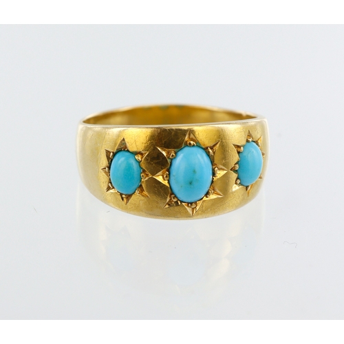 99 - Yellow metal (tests 18ct) turquoise ring, three oval turquoise cabochons, gypsy set, finger size R, ... 