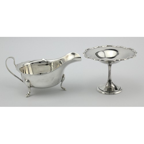 632 - Silver sauce boat, hallmarked EV Sheffield 1961, bottom of handle detached, plus a silver footed bon... 