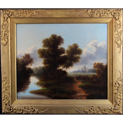 1 - 18th-19th century Landscape. Oil on canvas depicting a river with a figure walking towards a ruin an... 