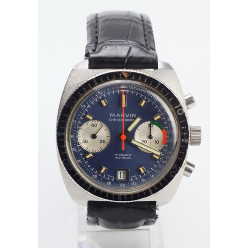 286 - Marvin stainless steel gents manual wind chronograph wristwatch, ref. 247988, circa 1970s. The blue ... 