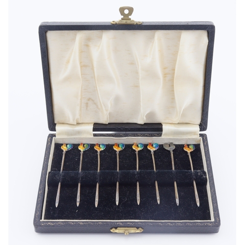 417 - Boxed set of silver and enamel cocktail sticks with enamel cockerel tops hallmarked Birm. 1950, the ... 