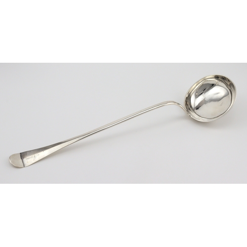 419 - Scottish silver Hanoverian pattern soup ladle, Glasgow c1776 by Milne & Campbell, length 37.1cm, wei... 