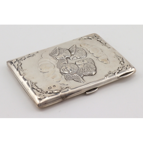 459 - Silver Aide Memoire / card case, lid with embossed cherub decoration, monogram to reverse, hallmarke... 