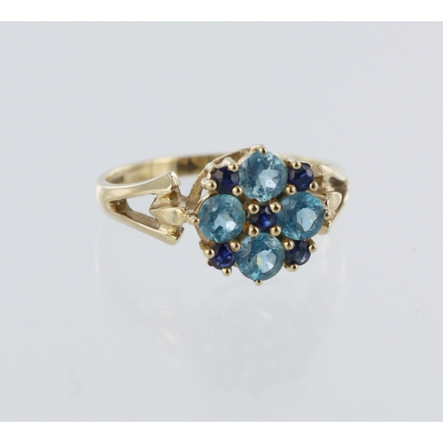 62 - 9ct yellow gold blue topaz and sapphire ring, finger size P, weight 2.8g