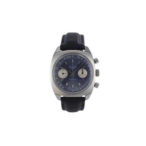 294 - Avia stainless steel gents manual wind chronograph wristwatch, circa 1970s. The blue dial with baton... 