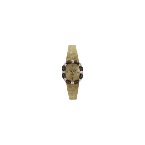 328 - Bulova 14k yellow gold gem-set ladies manual wind wristwatch, circa 1970s. The textured gold dial do... 