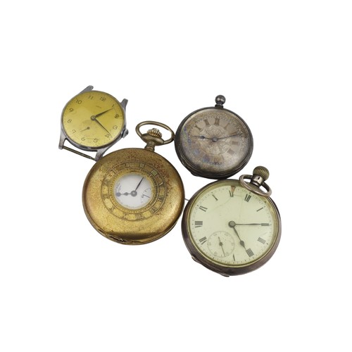 366 - Assortment of three pocket watches and one wristwatch; to include two silver cased and one gold plat... 