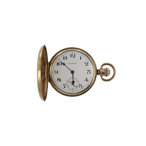 367 - Gents 9ct full hunter keyless pocket watch by Waltham, hallmarked Birmingham 1927. The white enamel ... 