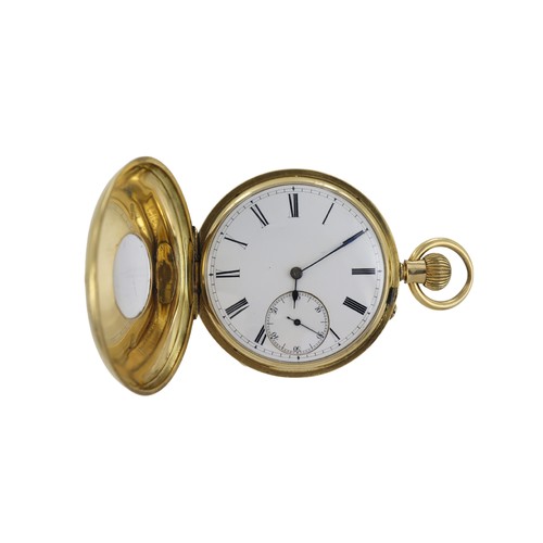 370 - Gents 18ct half hunter keyless lever-set pocket watch, hallmarked London 1889. The white enamel dial... 