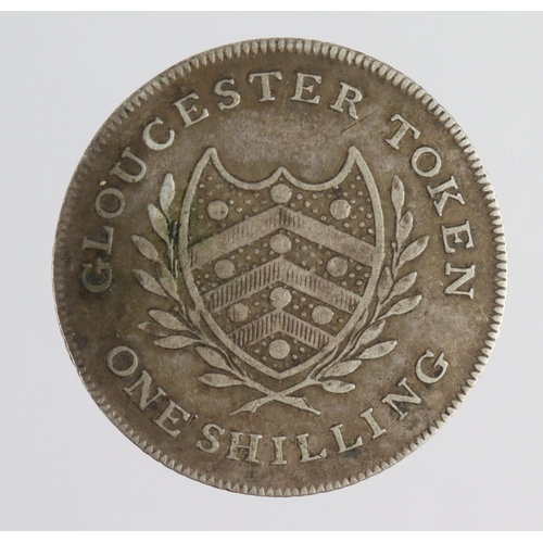 1021 - Token, 19thC: Gloucester, J. Whalley silver Shilling, Gloucs #10-11, slightly bent nVF