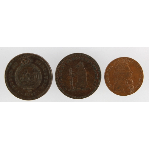 1027 - Tokens (3): Bristol Penny 1811 VF, Walsall Penny 1811 GF, and Brighton edge Prince of Wales Halfpenn... 