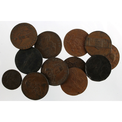 1032 - Tokens, 18thC (12) copper Halfpennies, one Farthing, Fair to nEF, noted a nice Masonic.