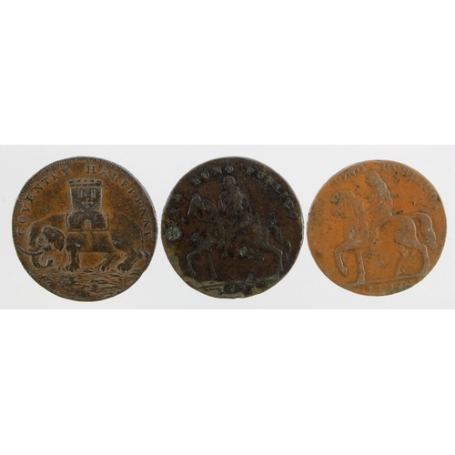 1034 - Tokens, 18thC (3) Coventry, Lady Godiva Halfpennies: 2x Elephant & Castle, one Cross. F-VF