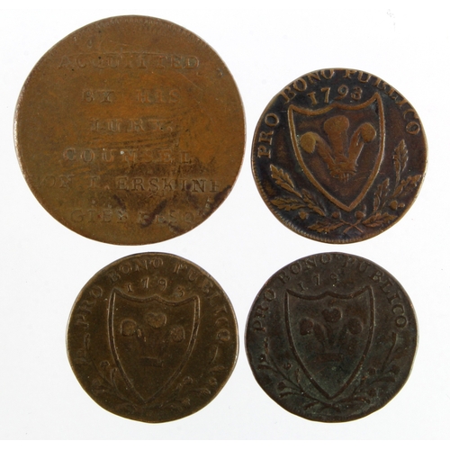 1035 - Tokens, 18thC (4) copper: 3x North Wales Farthings, and a T. Hardy Halfpenny; F-VF