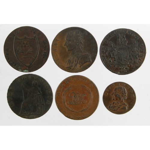 1036 - Tokens, 18thC (6) copper Halfpennies x5 and one Farthings; GF-VF