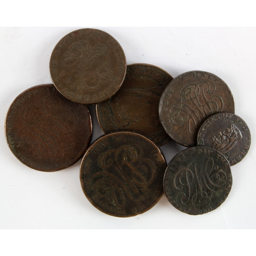 1038 - Tokens, 18thC (7): Druid Head Pennies, Halfpennies and a Farthing, mixed grade. One of the Halfpenni... 