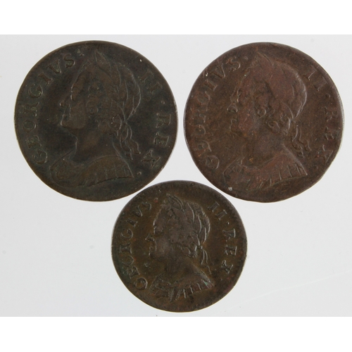 138 - GB Copper (3) George II: Halfpennies: 1750 GF, 1753 Fine, and Farthing 1754 nVF, small mark.