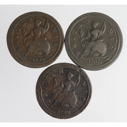 139 - GB Halfpennies (3) George I: 1719 Fine, 1721 slightly double-struck Fine, and 1722 scratched Fine.