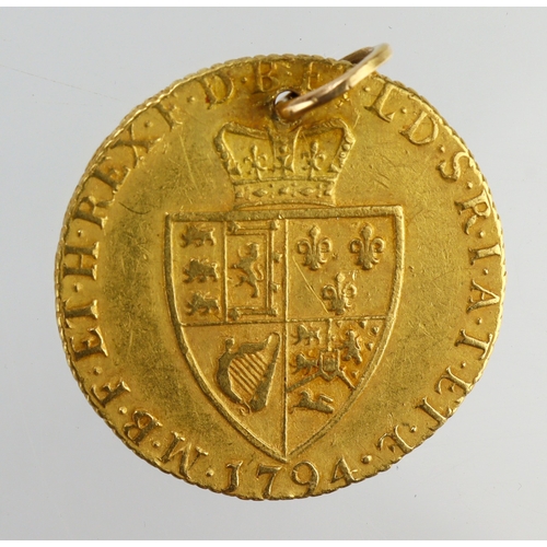 14 - Guinea 1794 GF, holed with suspension loop.