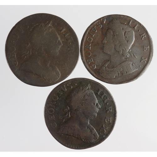 140 - GB Halfpennies (3): 1733 Fine, 1772 GEORIVS error Fine, and 1773 Fine.