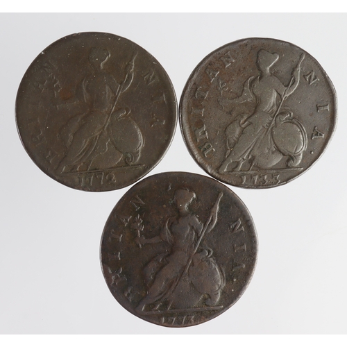 140 - GB Halfpennies (3): 1733 Fine, 1772 GEORIVS error Fine, and 1773 Fine.