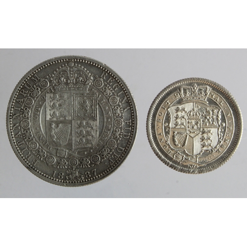 141 - GB Silver (2): Halfcrown 1887 Jubilee cleaned GF, and Shilling 1816 EF