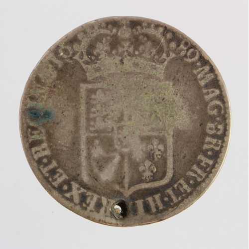 145 - Halfcrown 1689 first rev., holed VG/Fair.