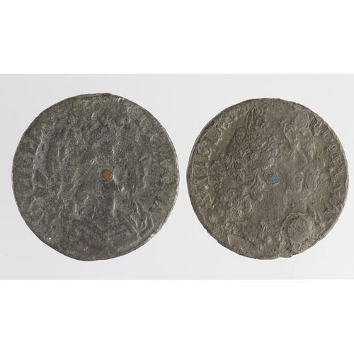 156 - Halfpennies (tin x2) William & Mary: 1691 Fine for type, and 1692 (date visible on edge) corroded nF... 