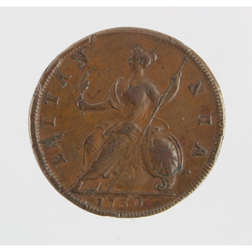 157 - Halfpenny 1730 VF/GVF, a few small edge marks.