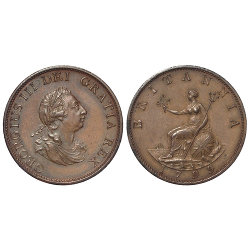 159 - Halfpenny 1799 6 relief gunports, S.3778, toned EF