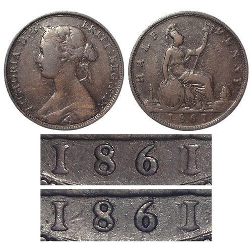 161 - Halfpenny 1861 with an anomalous date, the 1 over another 1 to left, Fine.