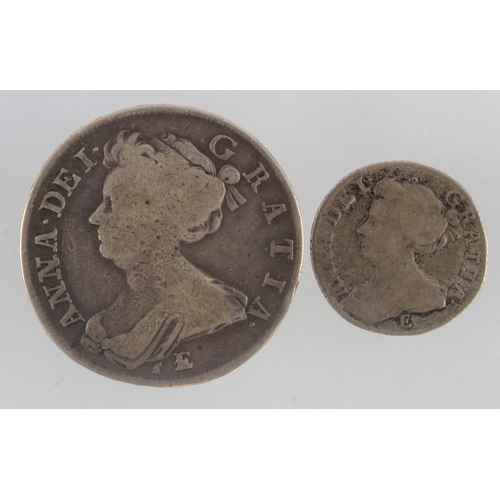 198 - Queen Anne, Edinburgh silver (2): Halfcrown 1707 Sexto, E below bust, S.3605, bold VG, and Sixpence ... 