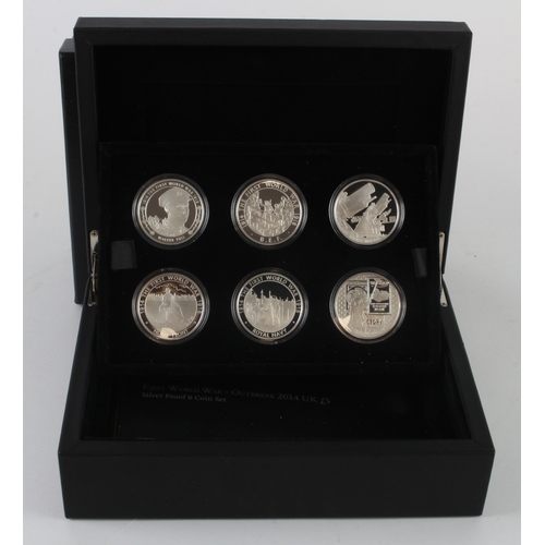 203 - Royal Mint: First World War - Outbreak 2014 UK £5 Silver Proof 6 Coin Set, FDC cased with cert certs... 