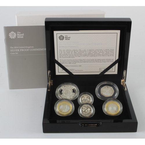 206 - Royal Mint: The 2014 United Kingdom Silver Proof Commemorative Coin Set, nFDC (some toning) cased wi... 