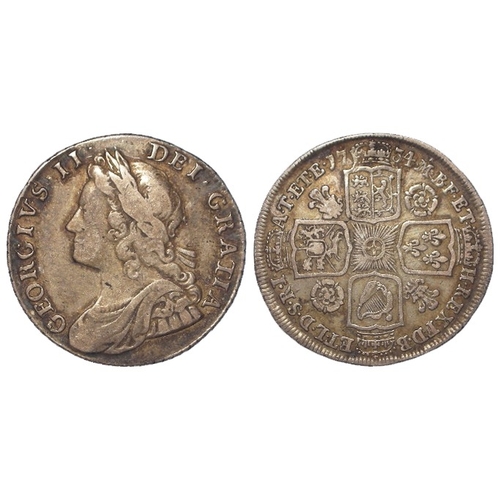 211 - Shilling 1734 roses & plumes, 3 over 3, S.3700, GF/nVF