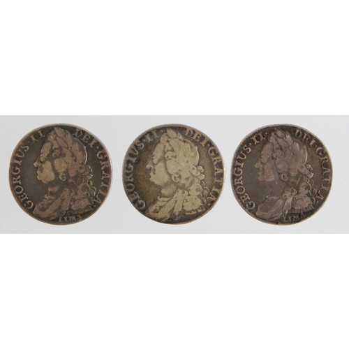 215 - Shillings (3) George II: 1745 Lima Fine, ditto F/GF, and 1750 VG.