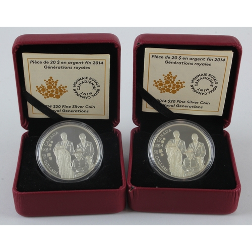 238 - Canada 2x 2014 $20 Fine Silver Coin, Royal Generations, BU cased with certs. Each 31.39g 99.99% pure... 