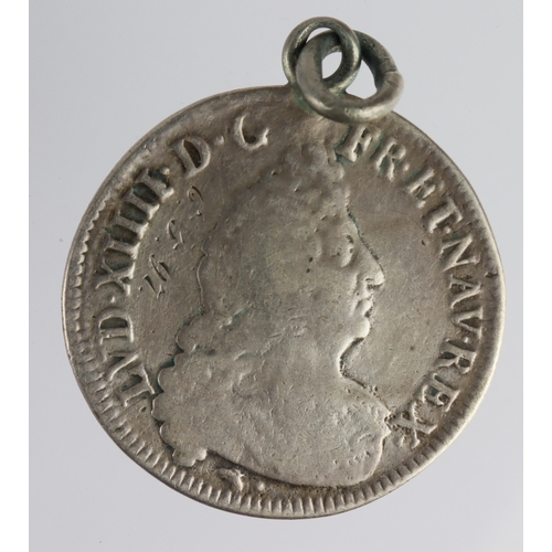 246 - France silver 1/2 Ecu 1695 D, F/GF, mounted as pendant.