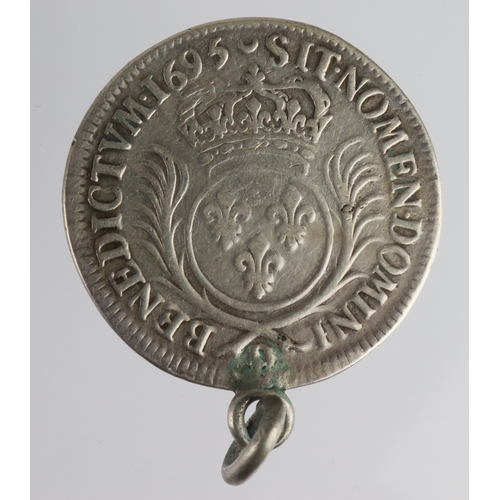 246 - France silver 1/2 Ecu 1695 D, F/GF, mounted as pendant.