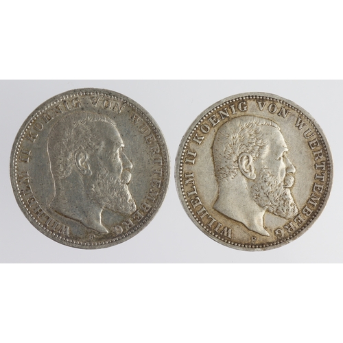 258 - German States, Württemberg silver 3-Marks (2): 1909F GVF, and 1912F GVF