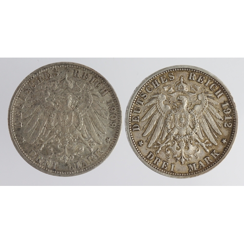 258 - German States, Württemberg silver 3-Marks (2): 1909F GVF, and 1912F GVF