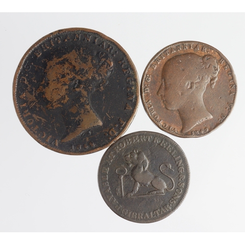 263 - Gibraltar copper (3): One Quart x2: 1810 nVF, 1842/0 F/GF edge knocks,; and Two Quarts 1842/1 Fine, ... 