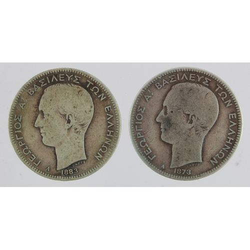 264 - Greece (2) silver 2 Drachmai: 1873 Fine, and 1883 Fine, scarce.