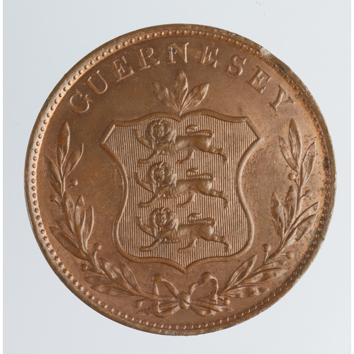 266 - Guernsey copper 8 Doubles 1834 lustrous AU with an edge flaw.