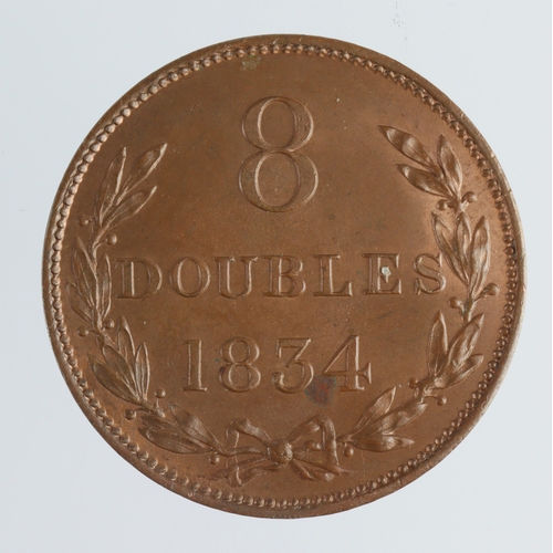 266 - Guernsey copper 8 Doubles 1834 lustrous AU with an edge flaw.